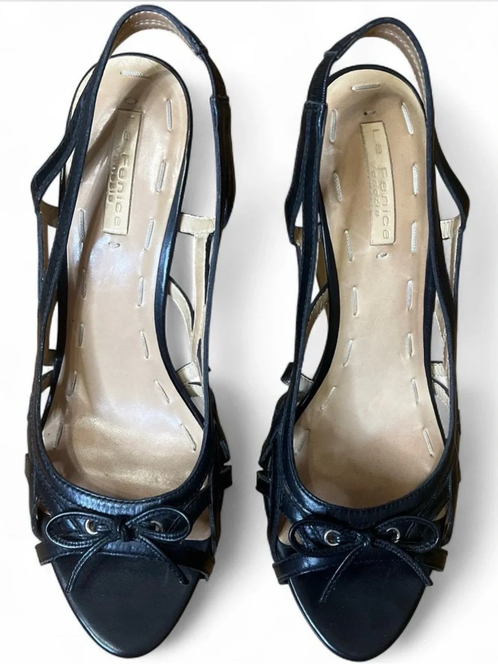 Black Wedge Slingback Heels with Cutout Detail